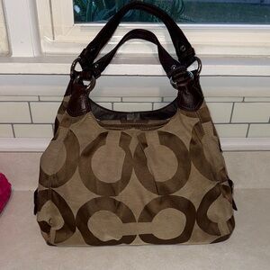Coach Brown Signature Canvas Shoulder Bag with Dark Leather Trim